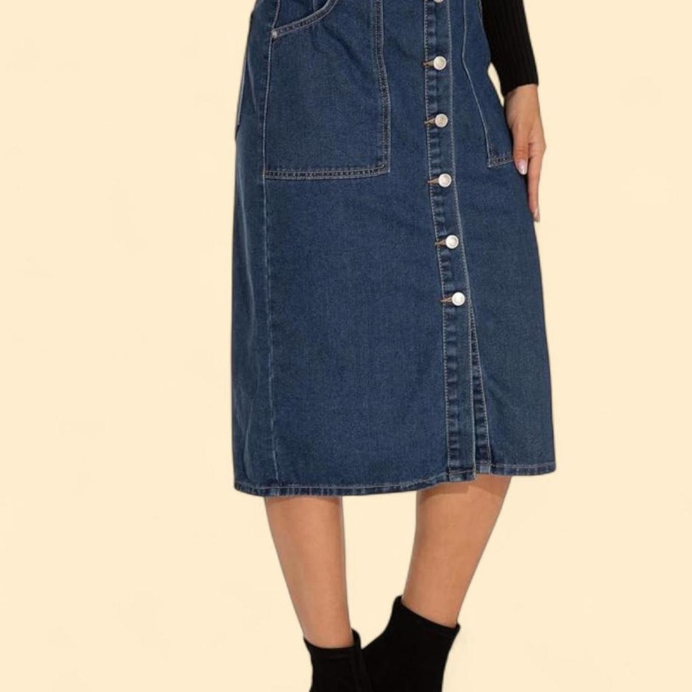 GUANYY Women Blue Denim Midi Skirt Button Front Cotton Blend Size L Vintage